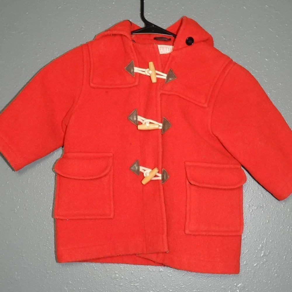 Les Petits Girls Red Button Down France Hooded Coat Size 15 Inch Pit To Pit - Picture 1 of 9
